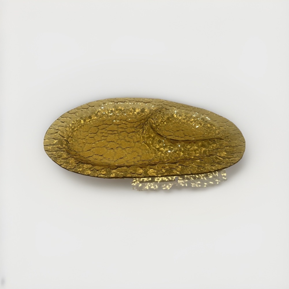 EXTRA LARGE VINTAGE MCM GOLDEN AMBER PEBBLE GLASS SERVING DISH WITH 2 SECTIONS